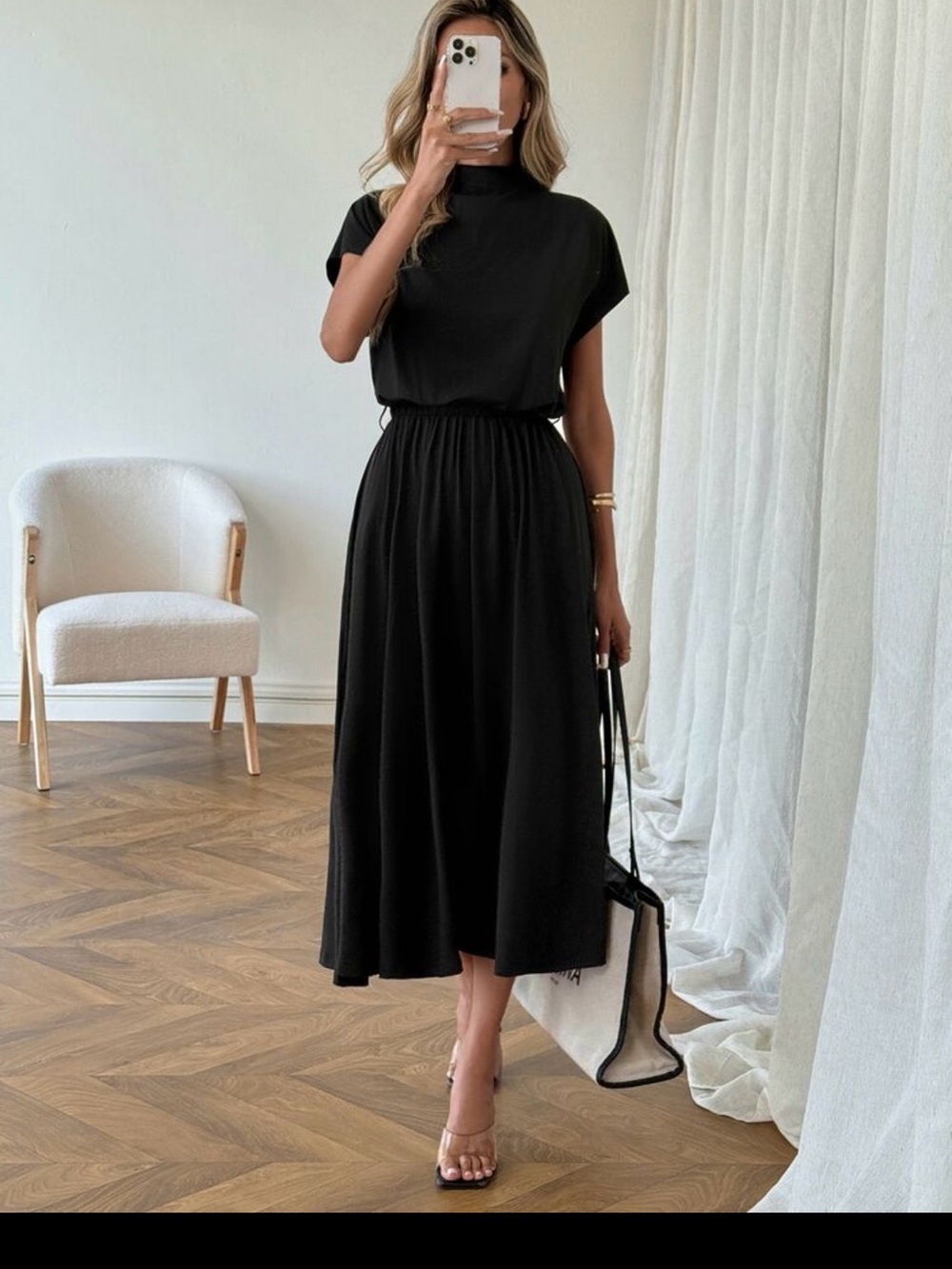 SHEIN Elegant Black Midi Dress with High Neck